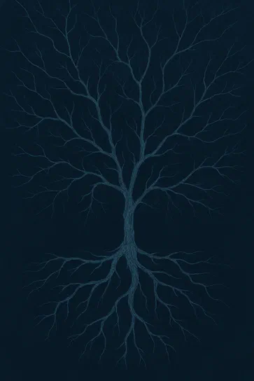 Arbre stylisé aux branches et racines détaillées sur fond bleu foncé, évoquant la philosophie de l'anankéisme.