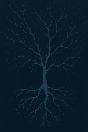 Arbre stylisé aux branches et racines détaillées sur fond bleu foncé, évoquant la philosophie de l'anankéisme.