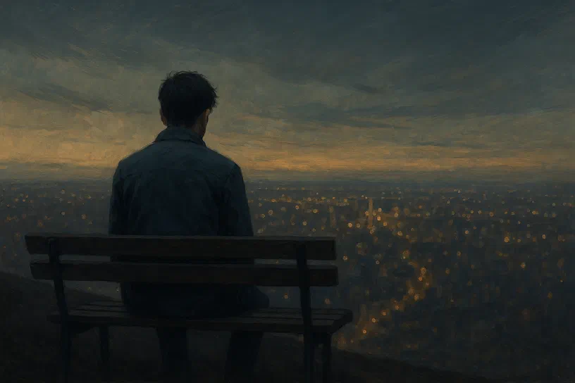 La solitude des lucides Un homme assis sur un banc en bois, dos tourné, contemple une ville illuminée au crépuscule depuis la colline.