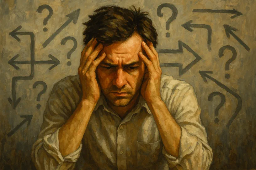Un homme en tenue de bureau, les mains sur le front dans une posture d'agacement ou de frustration. Autour de lui flottent des flèches et des points d'interrogation stylisés qui symbolisent la complexité et l'enchevêtrement des problèmes.