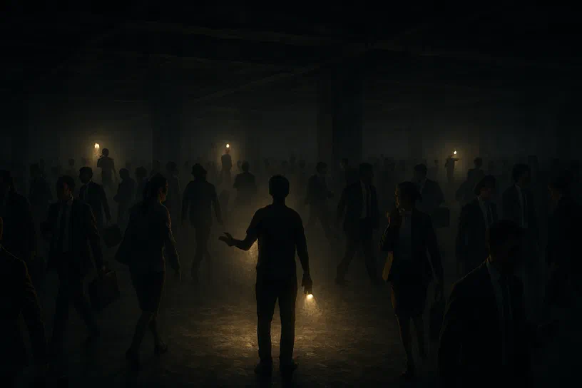 La solitude cognitive Une peinture numérique représentant un bâtiment souterrain sombre où une foule d'hommes et de femmes en tenue professionnelle s'éloigne des trois figures isolées tenant chacune une source de lumière.