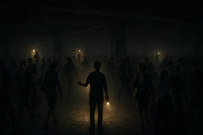 Une peinture numérique représentant un bâtiment souterrain sombre où une foule d'hommes et de femmes en tenue professionnelle s'éloigne des trois figures isolées tenant chacune une source de lumière.